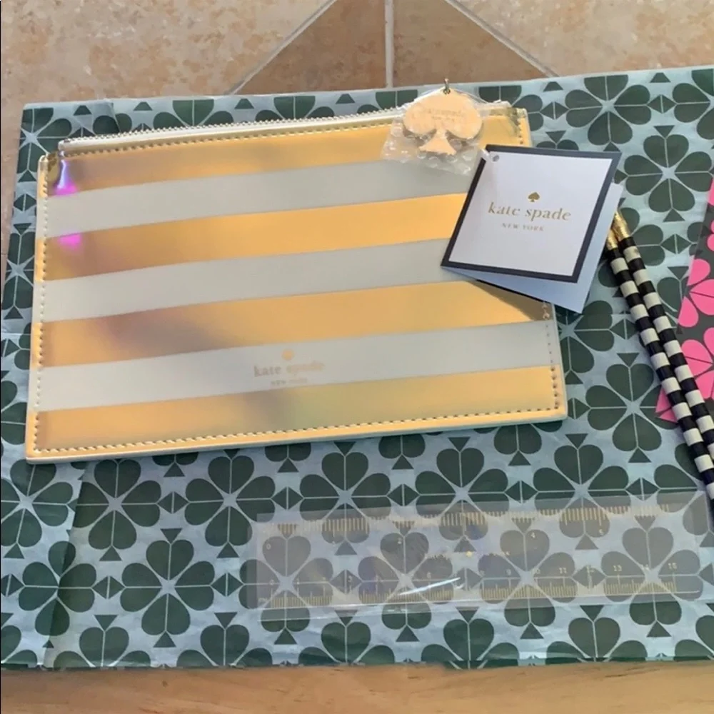 Kate Spade Gold Stripe 6 Piece Pencil Pouch / Case Set.